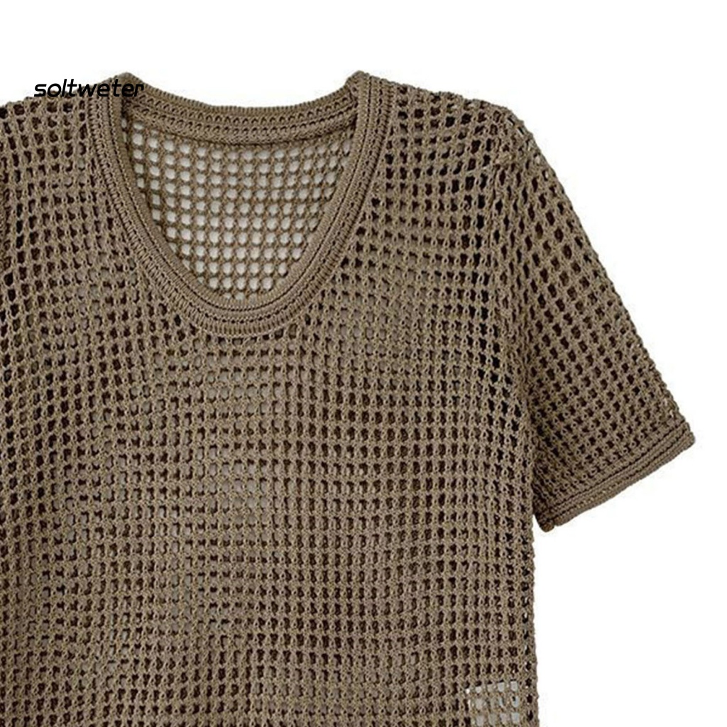 Áo Thun Dệt Kim Mỏng Tay Ngắn Cổ Tròn Màu Trơn Che Nắng Cho Nữ