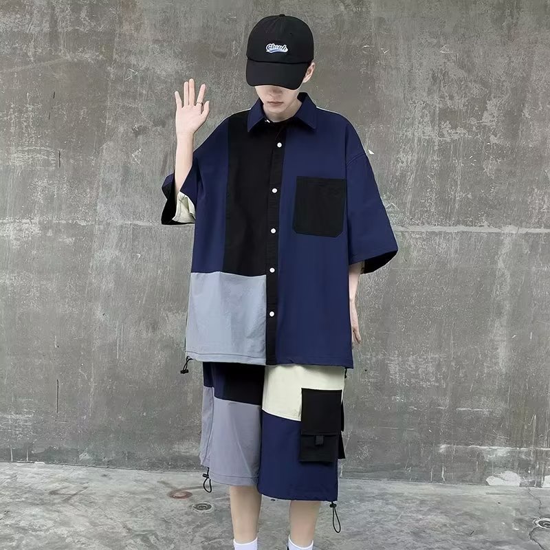 Set Áo Sơ Mi Lụa Phối Màu Sắc Tương Phản Phối Quần Short Thời Trang Đường Phố Cá Tính Cho Nam