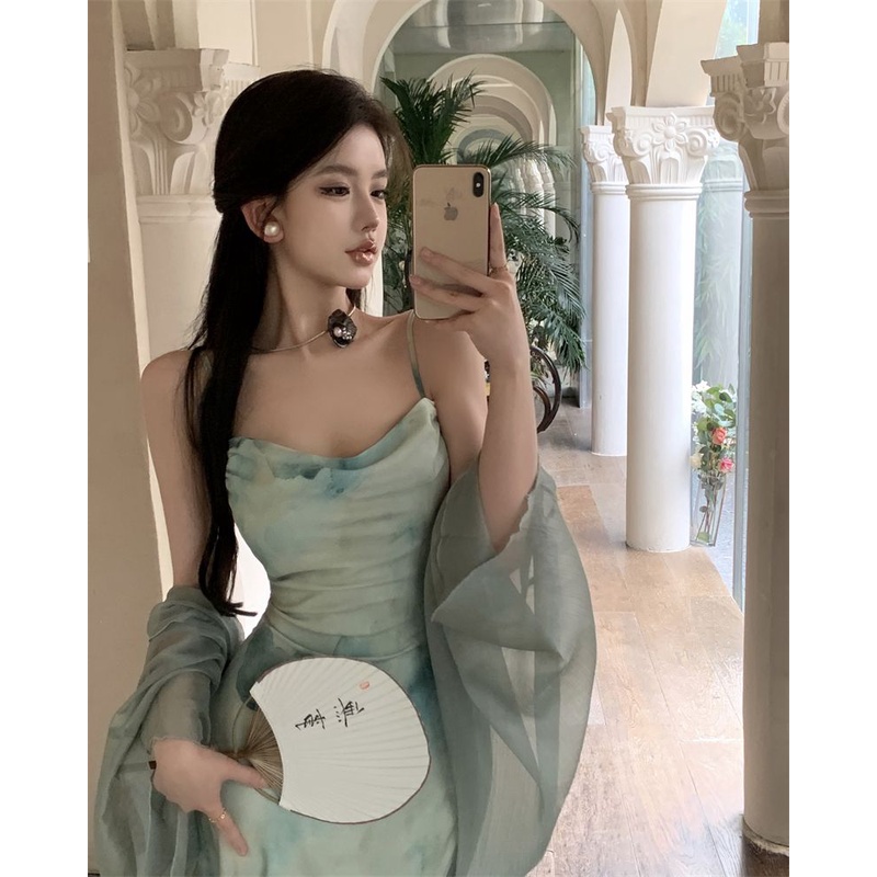 Đầm Hai Dây Dáng Dài Màu Xanh Lá Phong Cách Trung Hoa Thời Trang Mùa Hè Mới Cho Nữ