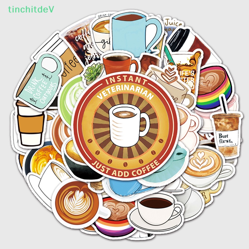 Bộ 50 Miếng Dán Hình Cà Phê Hoạt Hình Trang Trí Laptop / Scooter DIY
