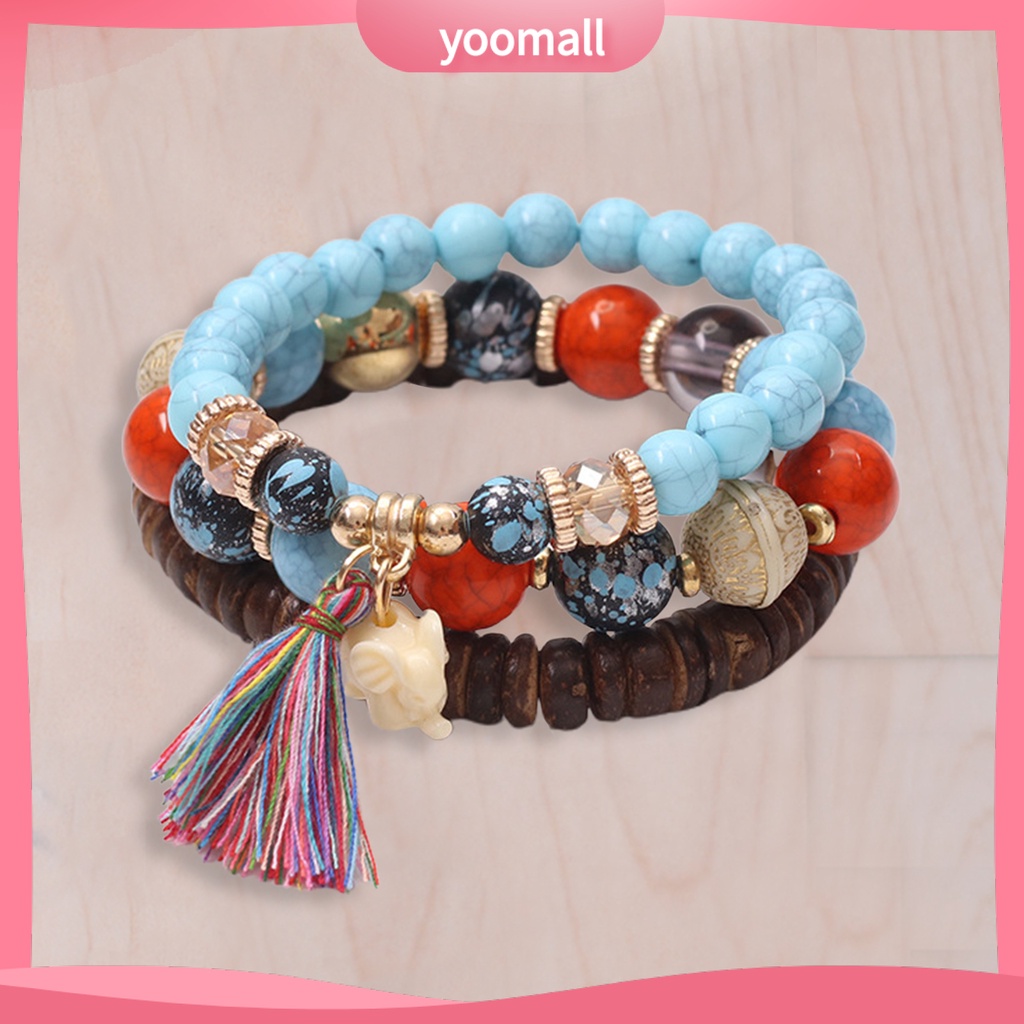 Bộ 3 Vòng Tay Chuỗi Hạt Gỗ Và Tua Rua Thời Trang