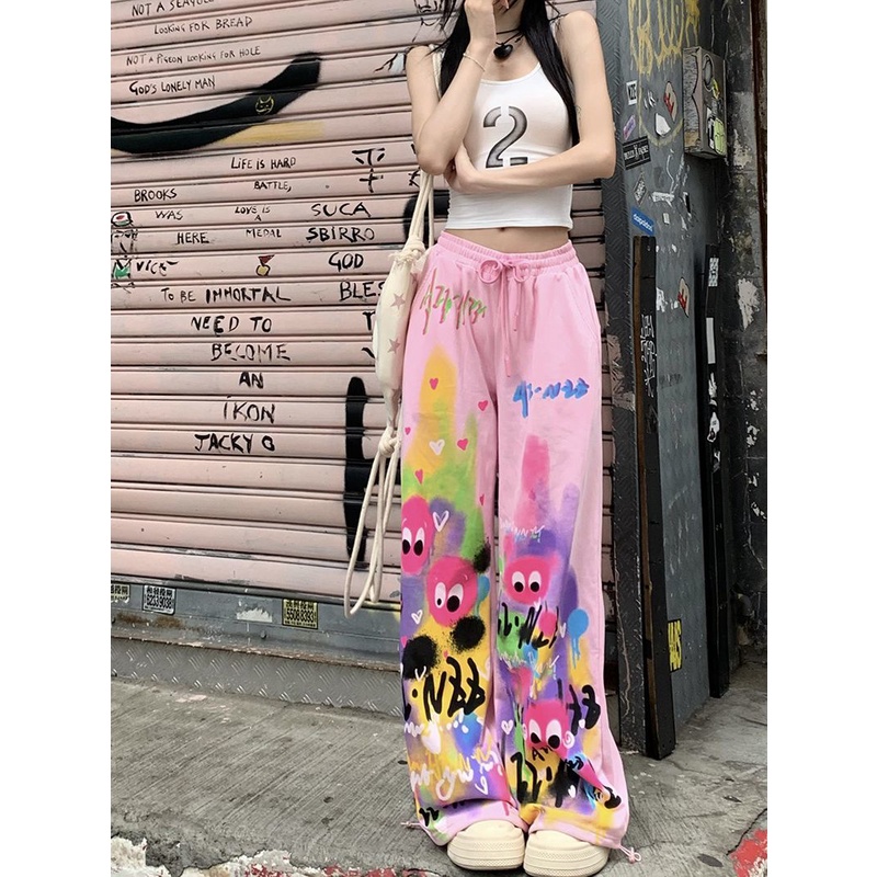 Dopamine Quần Ống Rộng Lưng Cao Dây Rút Họa Tiết Graffiti Mặc Vào Mùa Hè Cho Nữ
