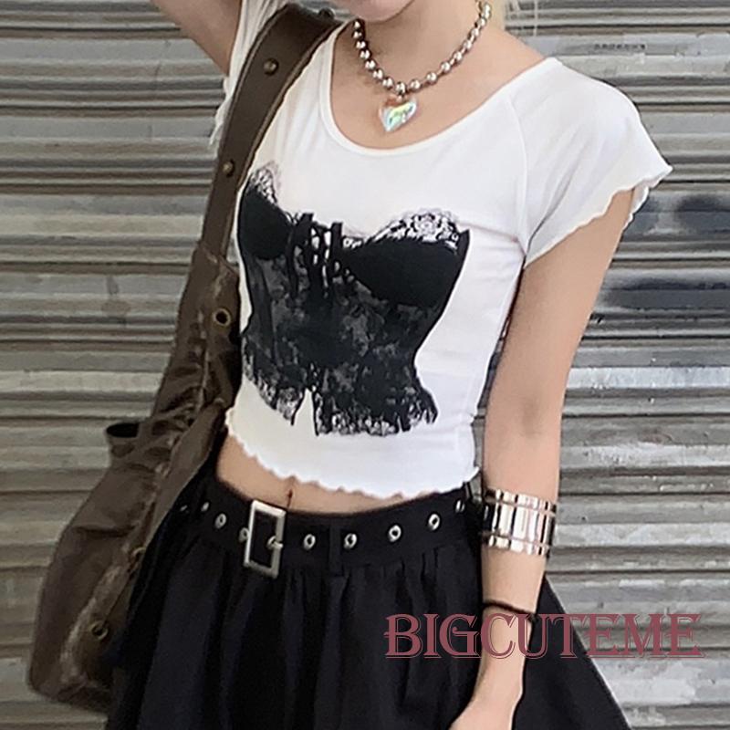 Áo Thun Lửng Tay Ngắn Cổ Tròn Phối Ren 3D Thời Trang Cho Nữ