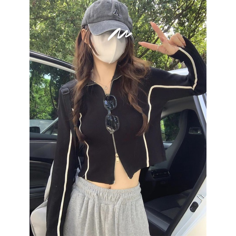 Áo Khoác Phối Khóa Kéo Đôi Màu Tương Phản Phong Cách Mỹ Cổ Điển Thời Trang Mùa Thu Cho