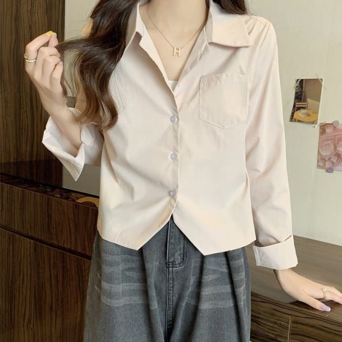 Áo Sơ Mi Ngắn Cổ Polo Màu Trơn Phong Cách Pháp Mới Cho Nữ