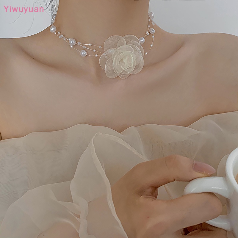 < Yiwuyuan > Vòng Cổ Choker Hoa Trà Đen Trắng Lãng Mạn Mùa Hè Đính Ngọc Trai Và Hoa Vải Cho Nữ Mới