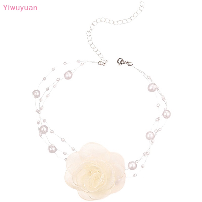 < Yiwuyuan > Vòng Cổ Choker Hoa Trà Đen Trắng Lãng Mạn Mùa Hè Đính Ngọc Trai Và Hoa Vải Cho Nữ Mới