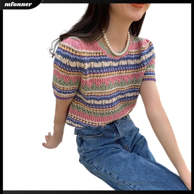 Áo Dệt Kim Ngắn Tay Cổ Tròn Họa Tiết Kẻ Sọc Màu Sắc Tương Phản Thời Trang Mùa Hè Cho Nữ