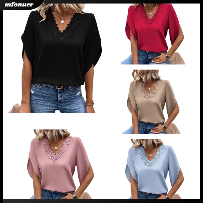 Áo Sơ Mi Nữ Tay Dài Ống Loe Cổ Chữ V Màu Sắc Thanh Lịch