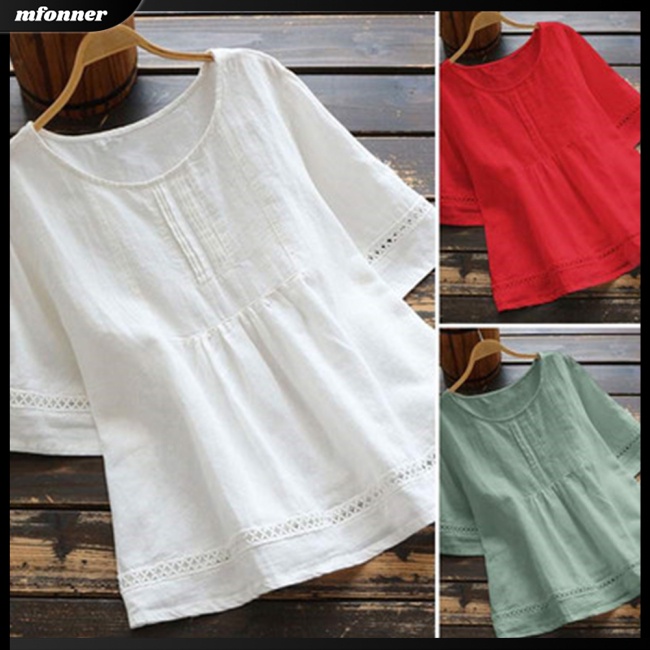 Áo Thun Cotton Lanh Tay Lỡ Cổ Tròn Màu Sắc Đơn Giản Dành Cho Nữ