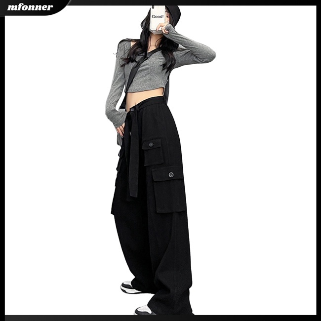 Quần Thể Thao Lưng Cao Ống Rộng Phối Túi Phong Cách Retro