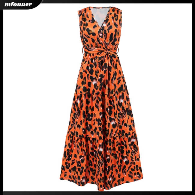 Đầm Maxi Dài Không Tay Cổ Chữ V Thoáng Khí In Họa Tiết Da Báo Quyến Rũ Cho Nữ