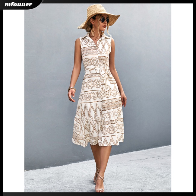 Đầm Dài Dáng Chữ A Sát Nách Cổ Bẻ Thoáng Khí In Họa Tiết Cổ Điển Thời Trang Mùa Hè Cho Nữ