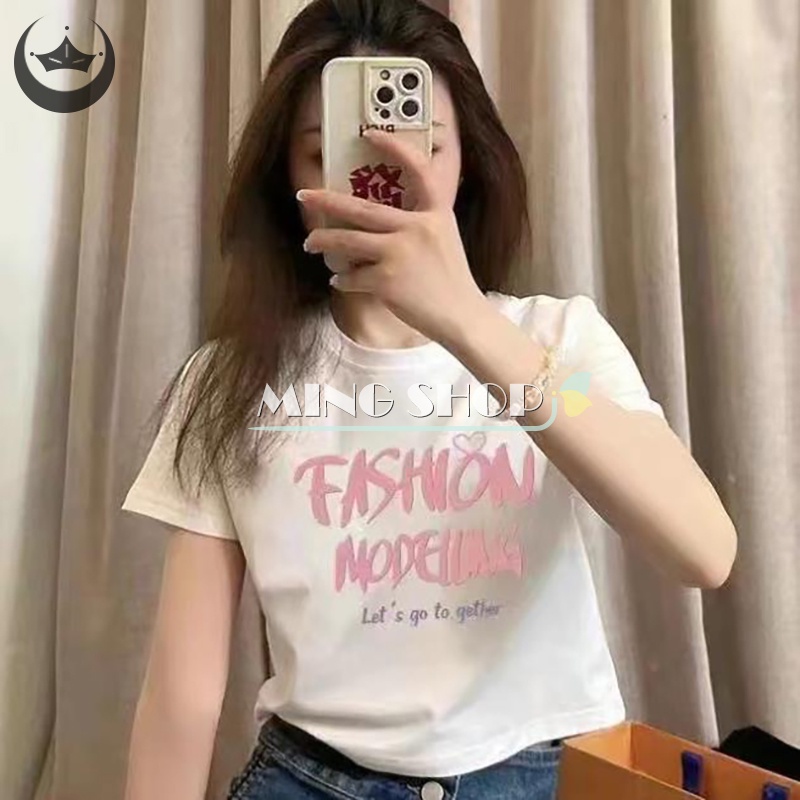 Áo Thun Lửng Tay Ngắn Cổ Tròn In Chữ Thời Trang Dành Cho Nữ