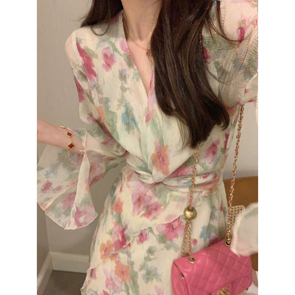 Đầm Hoa Tay Loe Thời Trang Mùa Hè Pháp 2023 Dành Cho Nữ