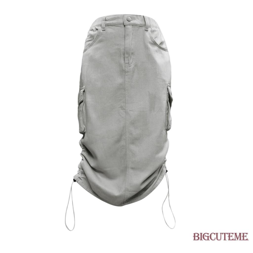 Chân Váy Denim Dài Lưng Cao Có Túi Thời Trang Đường Phố Cho Nữ