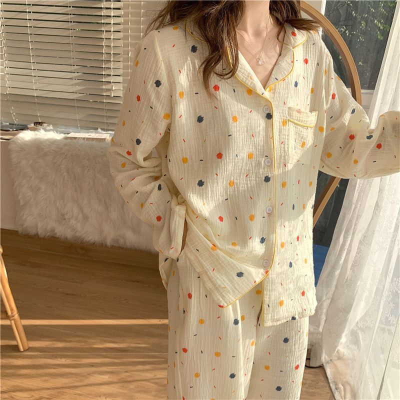 Bộ Đồ Ngủ Dài Tay Họa Tiết Chấm Bi Nhiều Màu Sắc Thời Trang Xuân Thu Cho Nữ