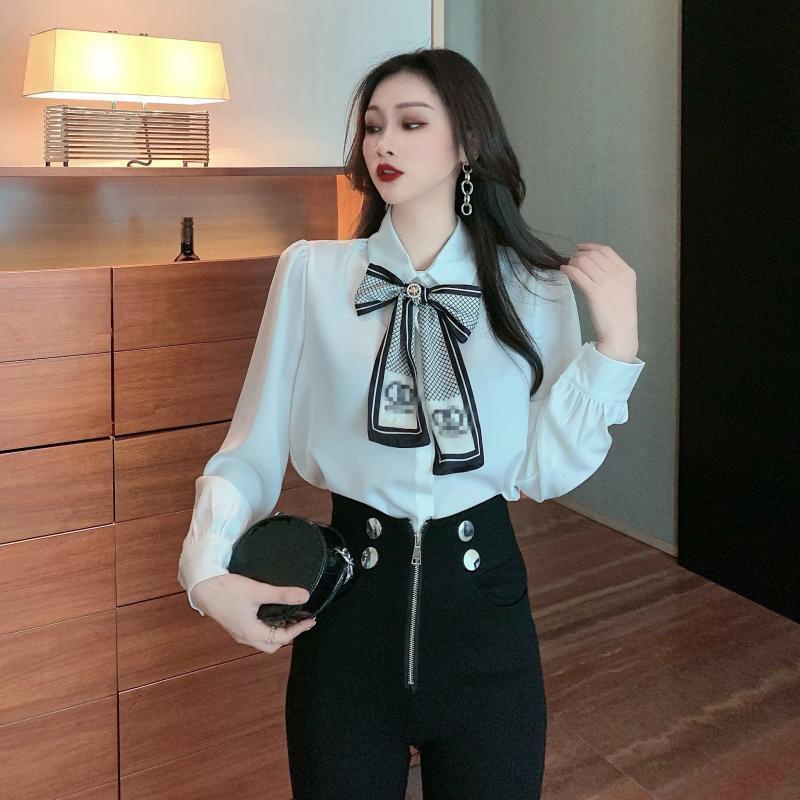 Áo Sơ Mi Dài Tay Thắt Nơ Phong Cách Pháp Cho Nữ