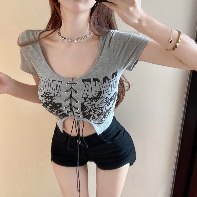 Áo Croptop Ngắn Tay Phối Dây Cột Thời Trang Quyến Rũ Cho Nữ