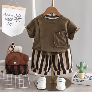 Set Đồ Mùa Hè 2 Món Gồm Áo Thun Kẻ Sọc + Quần Ngắn Thời Trang Cho Bé