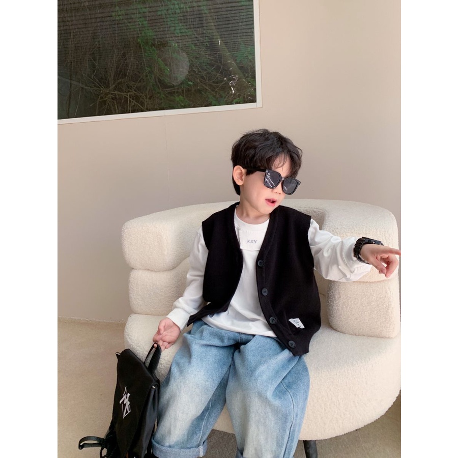 Áo Cardigan Dệt Kim Cổ Tròn Không Tay 90-150cm Phong Cách Nhật Bản Cho Bé Trai