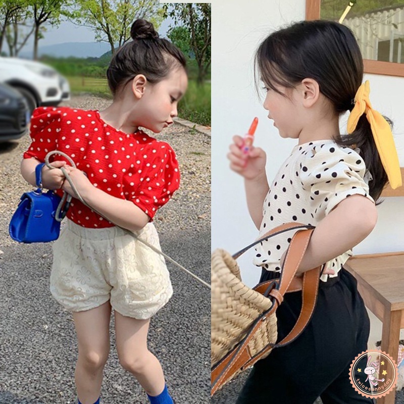 Áo Kiểu Tay Ngắn Phồng Hở Lưng Họa Tiết Chấm Bi Thời Trang Mùa Hè Dành Cho Bé Gái 3-8 Tuổi