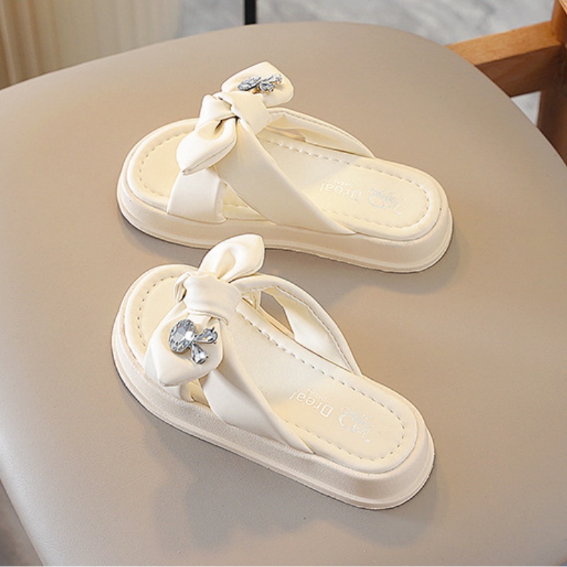 Dép Đi Trong Nhà Đế Dày Mềm Mại Chống Trượt Màu Trơn Đính Đá Trang Trí Nơ Thời Trang Mùa Hè Cho Bé Gái
