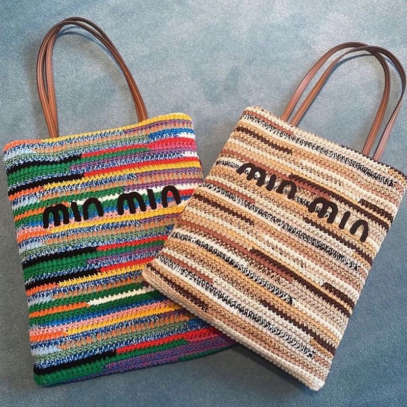 MIU MIU 2023 spring and summer new all-match striped straw bag shoulder handbag shopping bag large capacity mummy bag new fashion