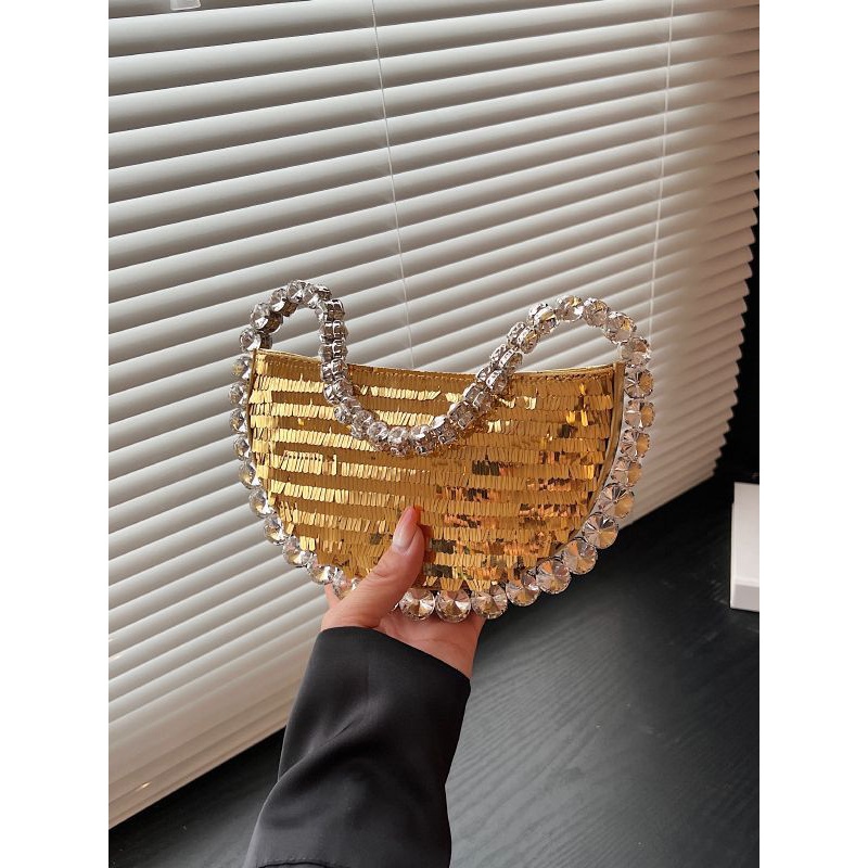 Túi Xách Cầm Tay Hình Bán Nguyệt Đính Đá Lấp Lánh Sang Trọng Dành Cho Nữ
