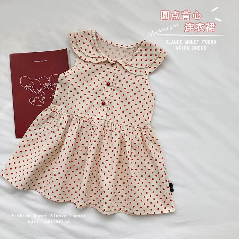 Đầm Hàn Quốc Cổ Búp Bê Họa Tiết Chấm Bi Dễ Thương Thời Trang Mùa Hè Cho Bé Gái
