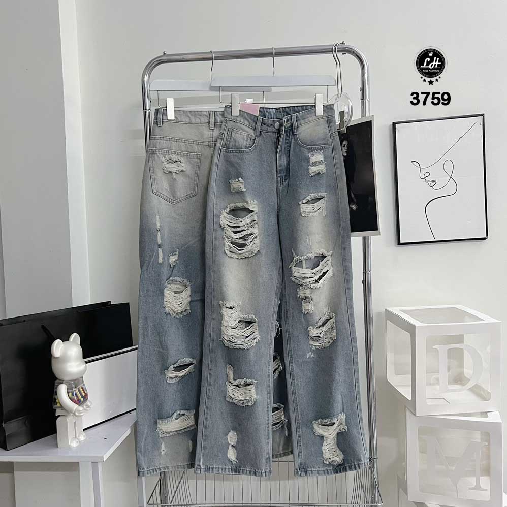 Quần jean ống rộng nữ màu xanh siêu rách te tua Lê Huy Fashion MS 3759