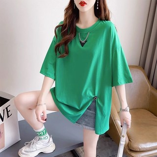 [Plus Size] (40-150kg) Áo Thun Nữ Tay Ngắn Dáng Rộng Xẻ Tà In Hình Thời Trang