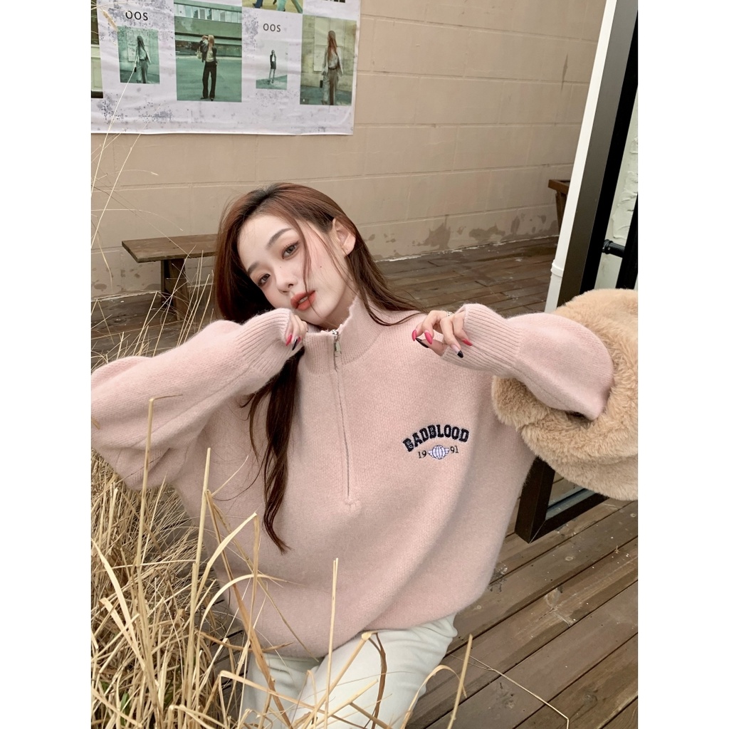 Áo Sweater Dáng Rộng Dày Dặn Phối Khóa Kéo Phong Cách Retro Mỹ Cho Nữ