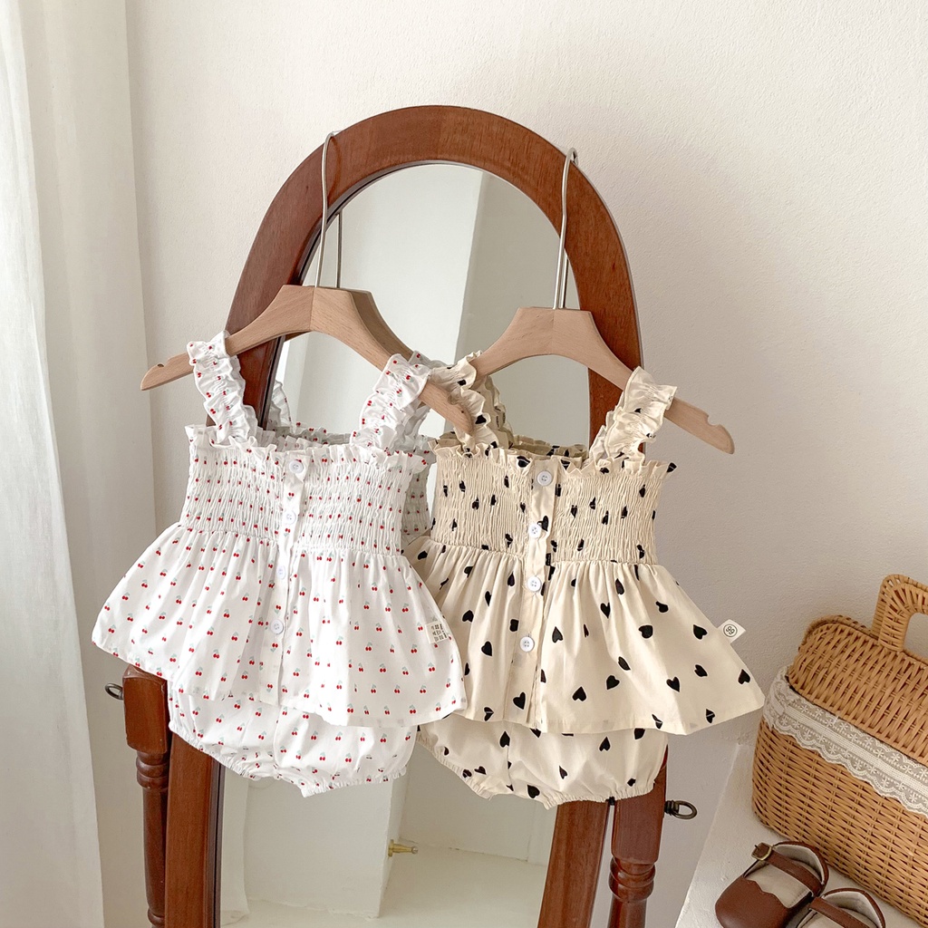 Bộ Áo Hai Dây In Họa Tiết Trái Tim + Quần Sooc Thời Trang Mùa Hè Xinh Xắn Cho Bé Gái 0-24 Tháng Tuổi