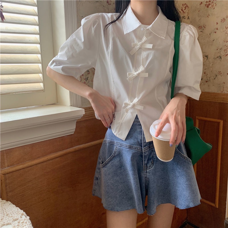 Áo Sơ Mi Tay Ngắn Phồng Cột Dây Kiểu vintage Hàn Quốc Thời Trang Cho Nữ