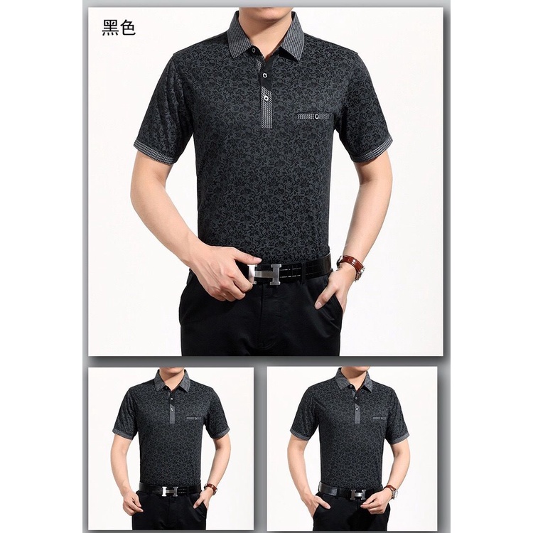 Áo Thun Polo Vải Lụa Lạnh Dáng Rộng In Họa Tiết Có Túi Thời Trang Mùa Hè Cho Nam Trung Niên