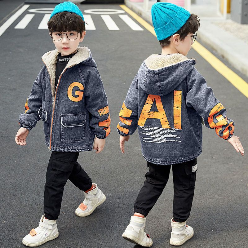 Áo Khoác denim Lót Nhung Lông Cừu Dày Dặn Thời Trang Mùa Đông Cho Bé Trai