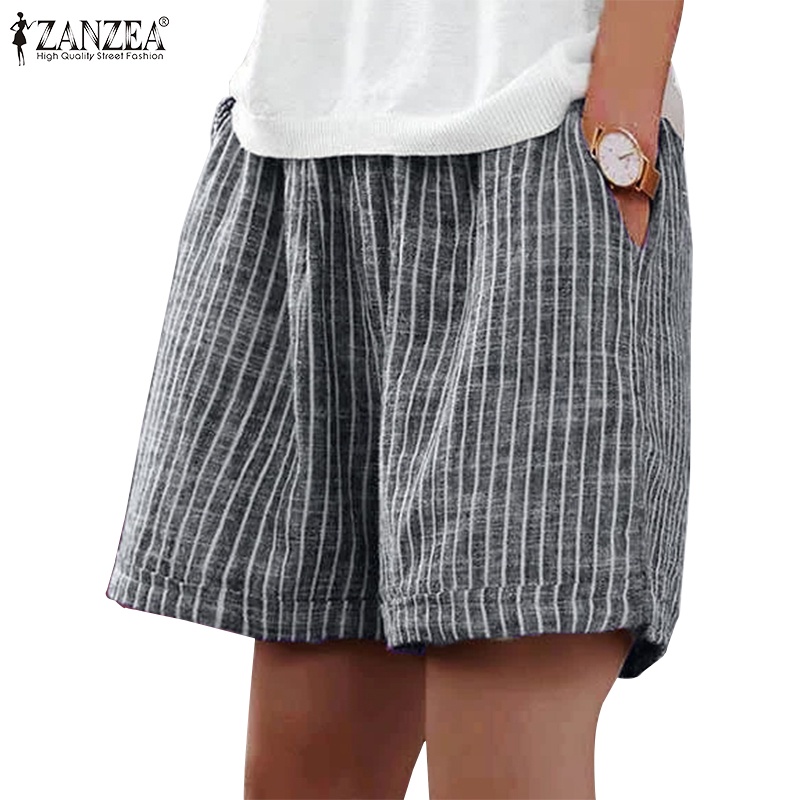 Zanzea Quần Short Nữ Lưng Thun Họa Tiết Sọc Vintage