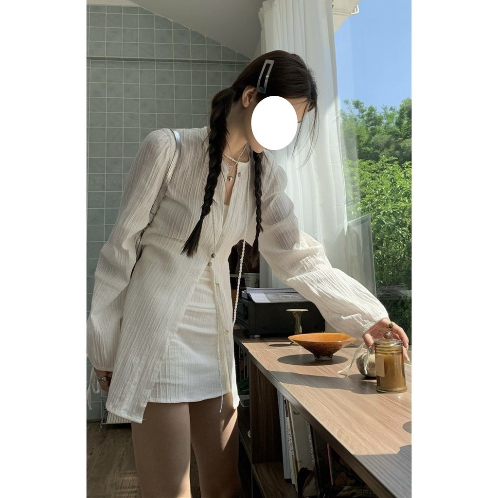 Bộ Áo Sơ Mi Tay Dài Dáng Ôm + Chân Váy Ngắn Lưng Cao Thời Trang Mùa Hè Xinh Xắn Cho Nữ