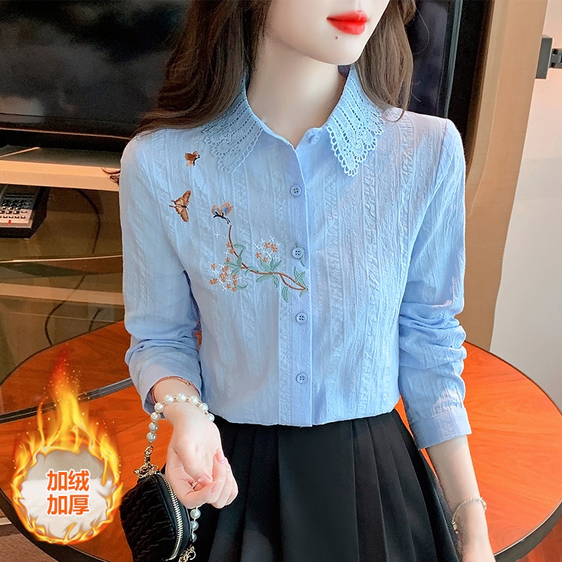 Áo Sơ Mi Trắng Tay Dài Lót Lông Cừu Dày Dặn Thời Trang Xuân Thu Cho Nữ FN78