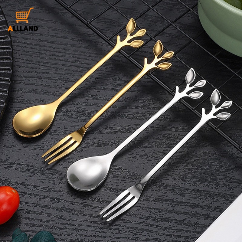 Muỗng / Nĩa / Cà Phê Cán Dài Bằng Thép Không Gỉ Hình Chiếc Lá