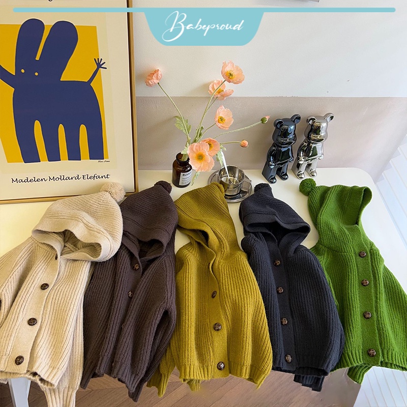 BABEPROUD Áo Khoác Len Cardigan Có Mũ Trùm Kiểu Hàn Quốc Dễ Thương Cho Bé 2-9 Tuổi