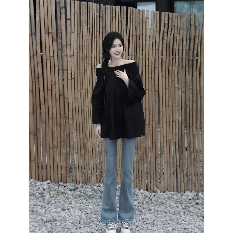 S-xl black shirt loose off-the-shoulder long-sleeved one