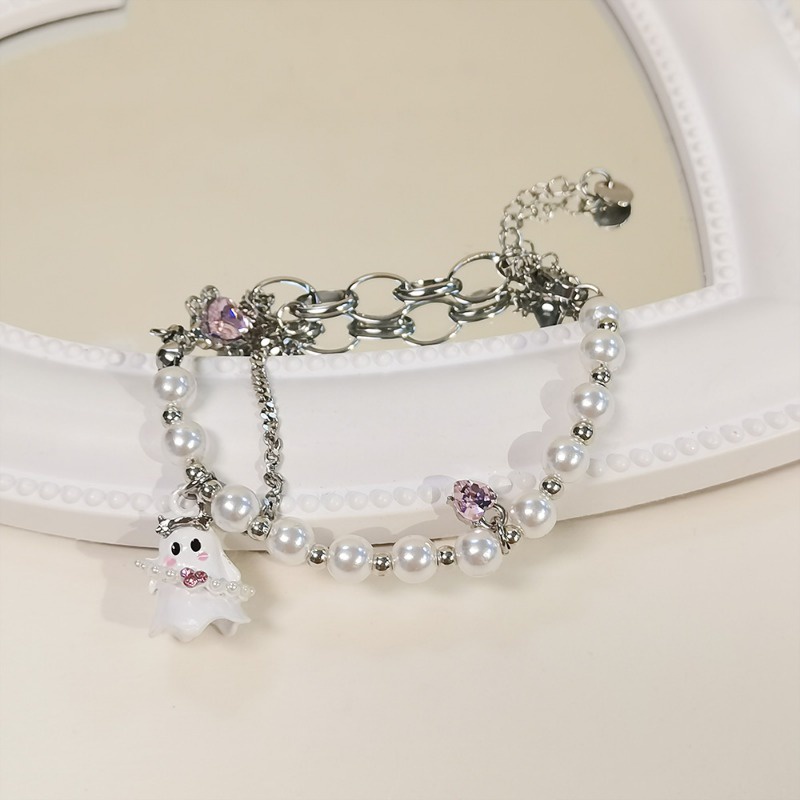 Vòng Tay Chuỗi Hạt Y2K Màu Trắng Đen Đính Hình Ma Dễ Thương Thời Trang Halloween Cho Nam Và Nữ