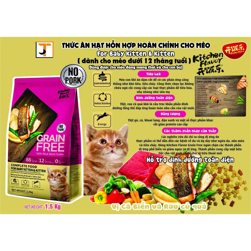 Hạt cho mèo Grain Free Kitchen Flavor, Thức ăn hạt cho mèo Kitchen Flavor - Túi 1.5kg