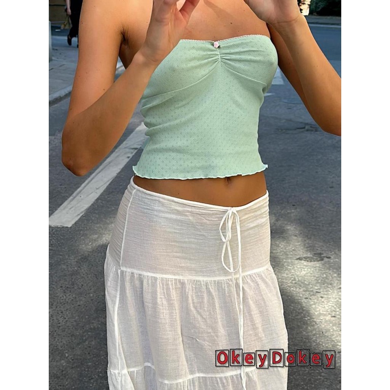 Okdk-women tube tops ren trim hollow-out flower boat neck strapless tank tops
