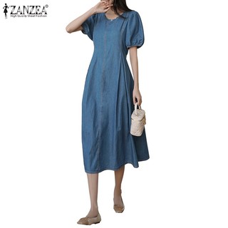 Đầm chữ A ZANZEA tay ngắn phồng cổ tròn phong cách Hàn Quốc thời trang dành cho nữ