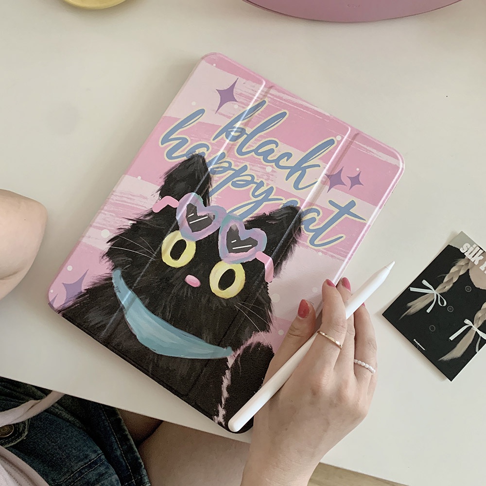 Vỏ cứng acrylic màu đen happy cat pattern case tương thích với ipad mini6 ipad5 6 7 8 9 air air air1 air2 air4 air5 10.9 "pro11 2018 2020 2021 2022 bao da