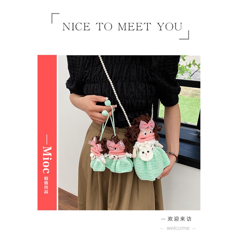 Túi đeo chéo nữ thương hiệu len búp bê nhỏ ngọc trai dễ thương