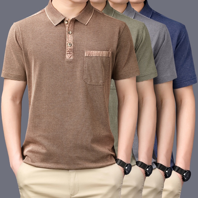 Áo Thun POLO Tay Ngắn Dáng Rộng Bằng Cotton Trơn Mỏng Có Túi Trang Trí Đơn Giản Dành Cho Nam Trung Niên